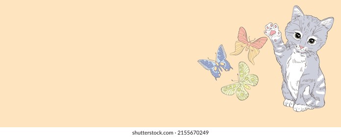 Cute gray kitten waving a paw, sitting next to flying butterflies. Banner Sketch on beige background. Vector