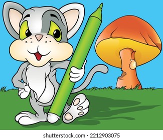 Cute Gray Kitty with Green Eyes Holding a Green Marker in its Paw - Colored Cartoon Illustration with Background, Vector