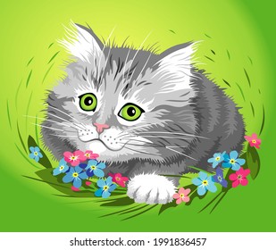 Cute gray kitty in green grass with flowers