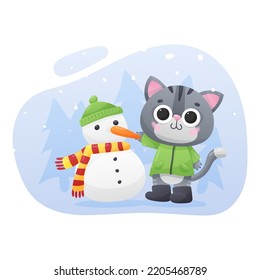Frische graue Kätzchen in grüner Jacke mit Schneemann in rotem gelbem Schal, grüner Mütze, Karotten und Bäumen auf dem Hintergrund. Vektorgrafik für Postkarte, Banner, Web, Design, Kunst, Winterkalender.