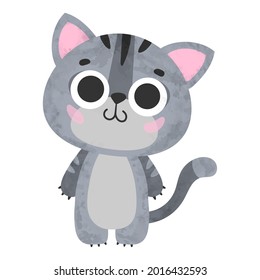 Cute gray kitty, kitten, cat with big eyes, black stripes on white background. Vector illustration for postcard, banner, web, decor, design, arts, calendar.