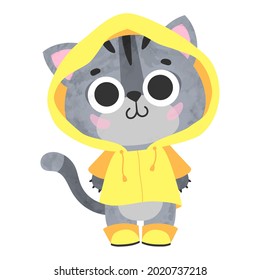 Cute gray kitty, kitten, cat with big eyes in yellow raincoat, coat, boots isolated on white background. Vector illustration for postcard, banner, web, decor, design, arts, calendar.
