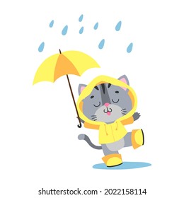 Gatito gris, gatito, gato con los ojos cerrados en impermeable amarillo, abrigo, botas bailando en la lluvia con texto ¡Hola otoño! aislado en blanco. Ilustración vectorial para postal, banner, web, diseño, artes