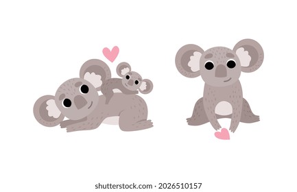 Cute Gray Koala Bear with Baby Animal and Heart Vector Set