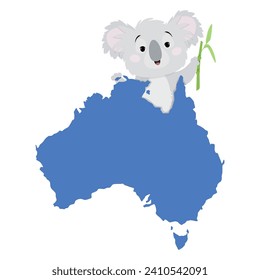 Cute gray koala bear with a blue map of Australia and a sprig of bamboo