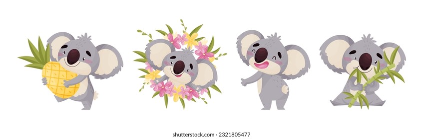 Cute Gray Koala Bear Engaged in Different Activity Vector Set