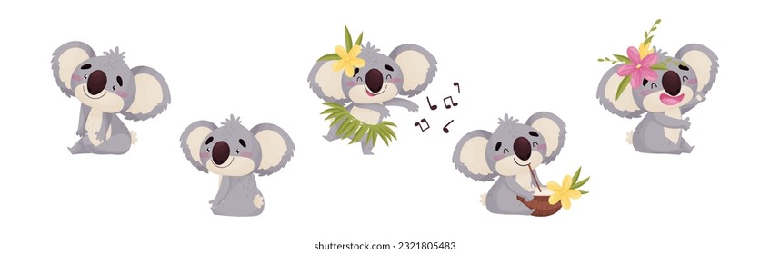 Cute Gray Koala Bear Engaged in Different Activity Vector Set