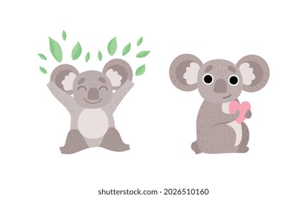 Cute Gray Koala Bear with Eucalypt Leaves and Heart Vector Set