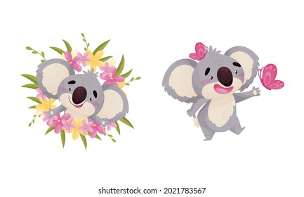Cute Gray Koala Bear in Flowers and Catching Butterfly Vector Set