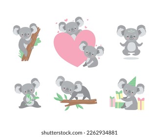 Cute Gray Koala Bear with Large Ears Engaged in Different Activity Vector Set