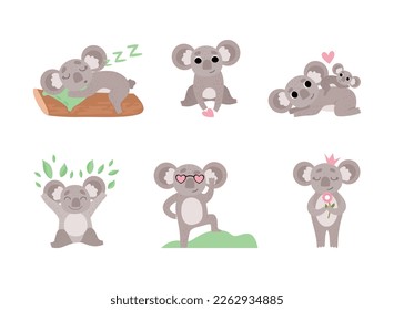 Cute Gray Koala Bear with Large Ears Engaged in Different Activity Vector Set