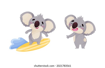 Cute Gray Koala Bear Surfboarding and Standing Vector Set