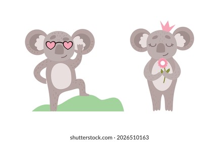 Cute Gray Koala Bear Wearing Heart Shaped Sunglasses and Crown Vector Set