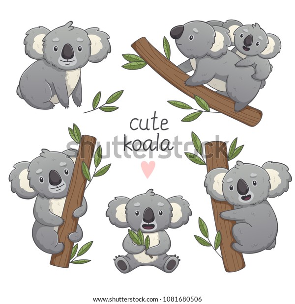 Cute Gray Koala Differet Poses Set Stock Vector (Royalty Free) 1081680506