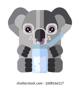 Cute Gray Koala Holding Bottle And Drinking Water. Cute Cartoon Character Of Baby Koala. Pray For Australia. Help Bears And Other Animals In Australia. Vector Illustration Isolated On White Background