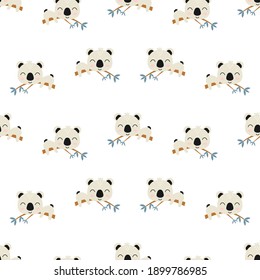 cute gray koala on branch isolated on white background, seamless texture, vector illustration
