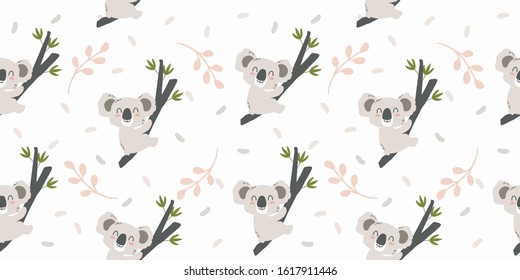 Cute, gray koala on a eucalyptus branch, seamless texture, vector on a white background with a pink twig and confetti.  