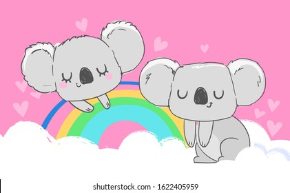 A cute gray koala is sitting on a rainbow. Childish vector stock  illustration. Pink background with heart.