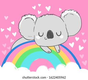 A cute gray koala is sitting on a rainbow. Childish vector stock  illustration. Pink background with heart.