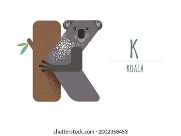cute gray koala sitting on a tree. koala in the form of a letter - K.
children's alphabet. poster, postcard.