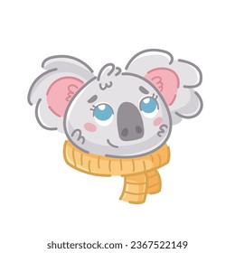 
Cute gray koala wearing a yellow scarf. Vector koala character in hand drawn style, doodle, autumn style. As character, sticker, emoji, mascot.