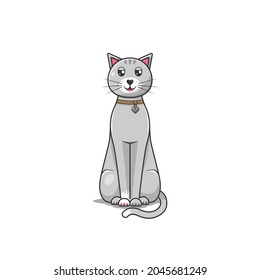Cute gray line cat with a collar and a heart-shaped pendant. Playful, happy, relaxed pet with a smile and kind eyes. Isolated vector illustration.