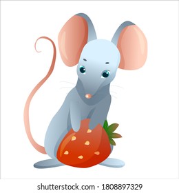 Cute gray mouse with big strawberry in cartoon style. Vector illustration isolated on white background