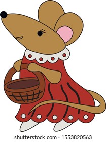 cute gray mouse with brown wicker basket in pink dress on white background