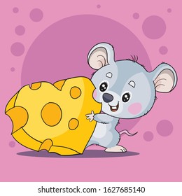 cute gray mouse character holds in his paws a piece of cheese in the shape of a heart, love, holiday,