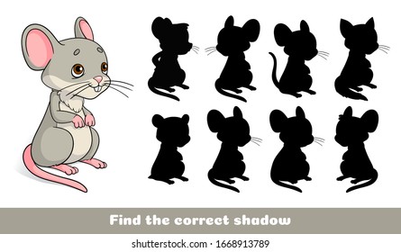 Cute gray mouse.  Find the correct shadow. Educational game for children. Cartoon vector illustration.