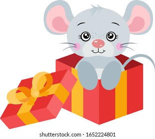 Cute gray mouse going out of red gift open
