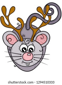Cute gray mouse with horns of reindeer
