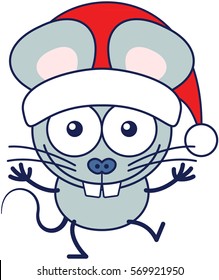 Cute gray mouse with huge ears, big teeth and wearing a Christmas Santa hat while wide opening its eyes, stretching its arms, smiling enthusiastically and greeting