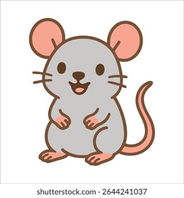 Cute gray mouse in kawaii style with pink ears, paws, and curly tail. A perfect cartoon rodent for stickers, kids' books, and playful designs. Simple and editable vector illustration.

