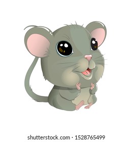 Cute gray mouse looks up smiling and admires on a white background