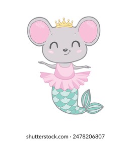 Cute gray mouse. Mermaid mouse. Vector illustration in cartoon flat style. White background.