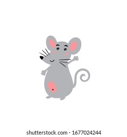 Cute gray mouse. A merry mouse smiles and waves. Children's animal character. Vector editable illustration