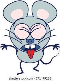 Cute gray mouse in minimalistic style with huge rounded ears and big teeth while clenching its bulging eyes, opening its mouth, sticking its tongue out and expressing disgust as for throwing up