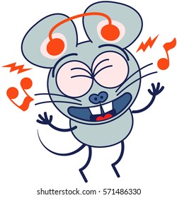 Cute gray mouse in minimalistic style with huge rounded ears and big teeth while wearing earphones, clenching its bulging eyes, listening to music, smiling generously and dancing animatedly