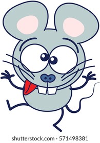 Cute gray mouse in minimalistic style with huge rounded ears and big teeth while raising its arms, crossing its bulging eyes, sticking its tongue out and making funny faces