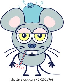 Cute gray mouse in minimalistic style with huge rounded ears, bulging eyes and big teeth while having a thermometer in its mouth, an ice pack above its head, showing a sad mood and feeling sick