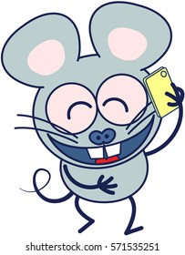 Cute gray mouse in minimalistic style with huge rounded ears, bulging eyes and big teeth while talking animatedly on a smartphone