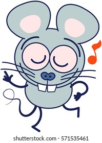 Cute gray mouse in minimalistic style with huge rounded ears and big teeth while closing its bulging eyes, smiling and dancing animatedly
