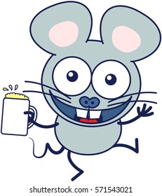 Cute gray mouse in minimalistic style with huge rounded ears and big teeth while widely opening its bulging eyes, raising its arms and holding a glass of frothy beer as for celebrating something