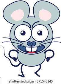 Cute gray mouse in minimalistic style with huge rounded ears, bulging eyes and big teeth while walking, frowning, clenching its fists and showing a very angry mood