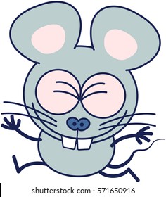 Cute gray mouse in minimalistic style with huge rounded ears and big teeth while clenching its bulging eyes, laughing and jumping as for celebrating something in an animated way