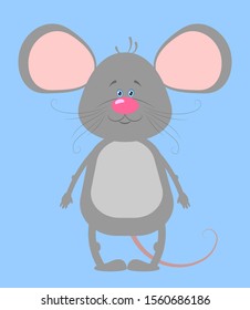 Cute gray mouse on the blue background. Vector illustration for postcard, print or poster.