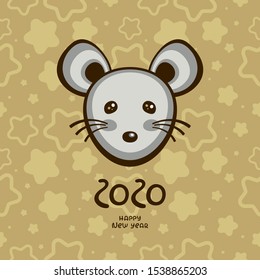 Cute gray mouse on gold background with stars. Cartoon character  vector illustration. Template for new year greeting card. Chinese zodiac sign 2020.