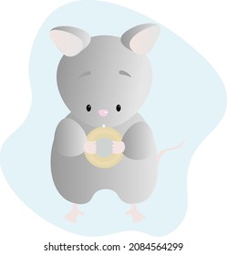 Cute gray mouse with a yellow donut