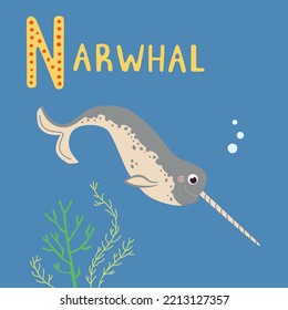 Cute gray narwhal with horn vector illustration. Childish magic marine animal in an ocean with seaweed on blue